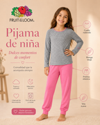 Pijama Manga Larga para Niña | Fruit of the Loom | Gris Jaspeado-Rosa Coral