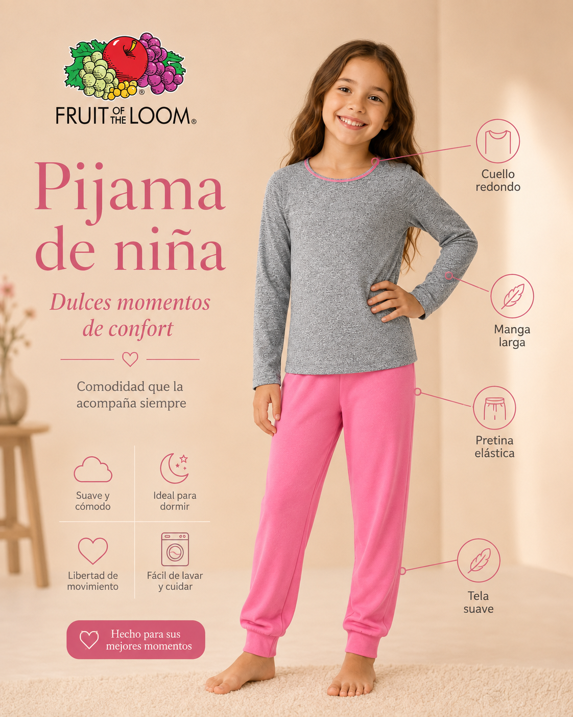Pijama Manga Larga para Niña | Fruit of the Loom | Gris Jaspeado-Rosa Coral