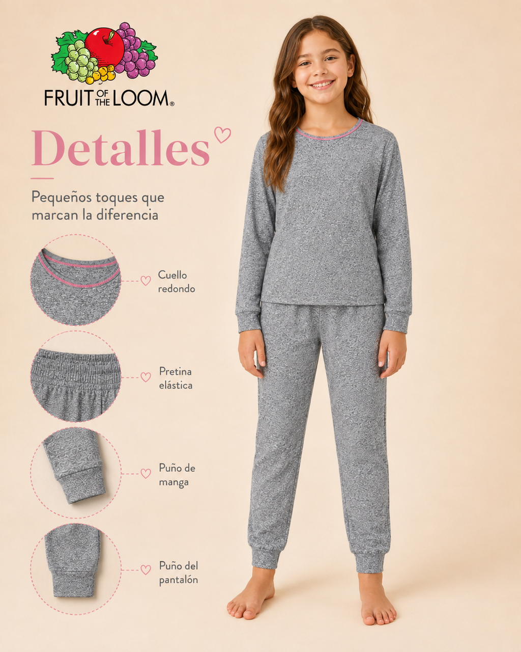 Pijama Manga Larga para Niña | Fruit of the Loom | Gris Jaspeado