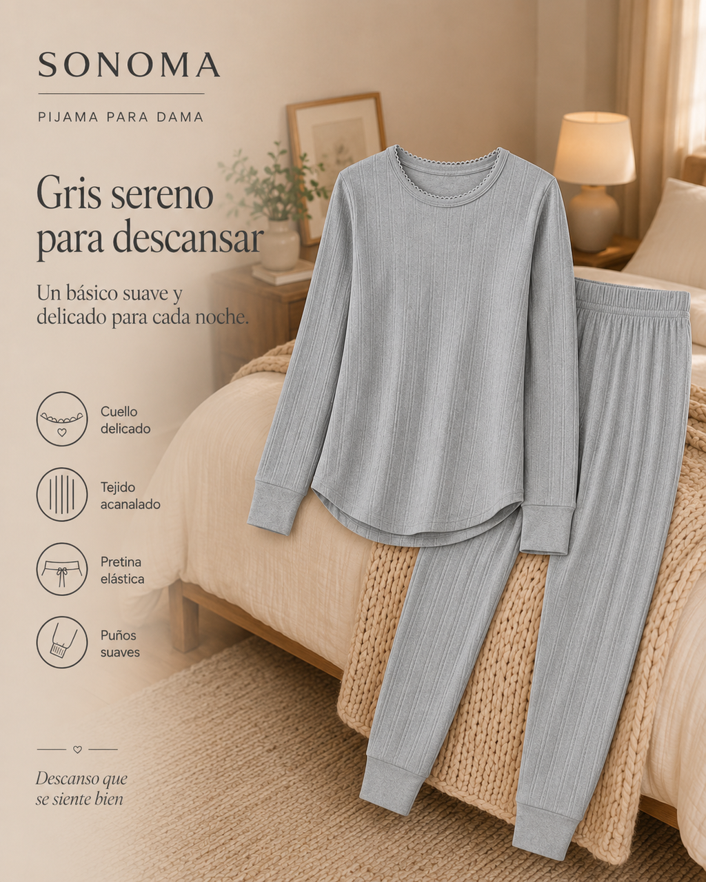Pijama Manga Larga para Dama | Sonoma | Gris